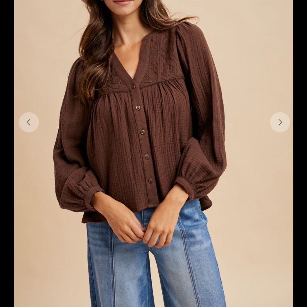 NWT Anniewear Elegant Brown V-Neck Blouse
